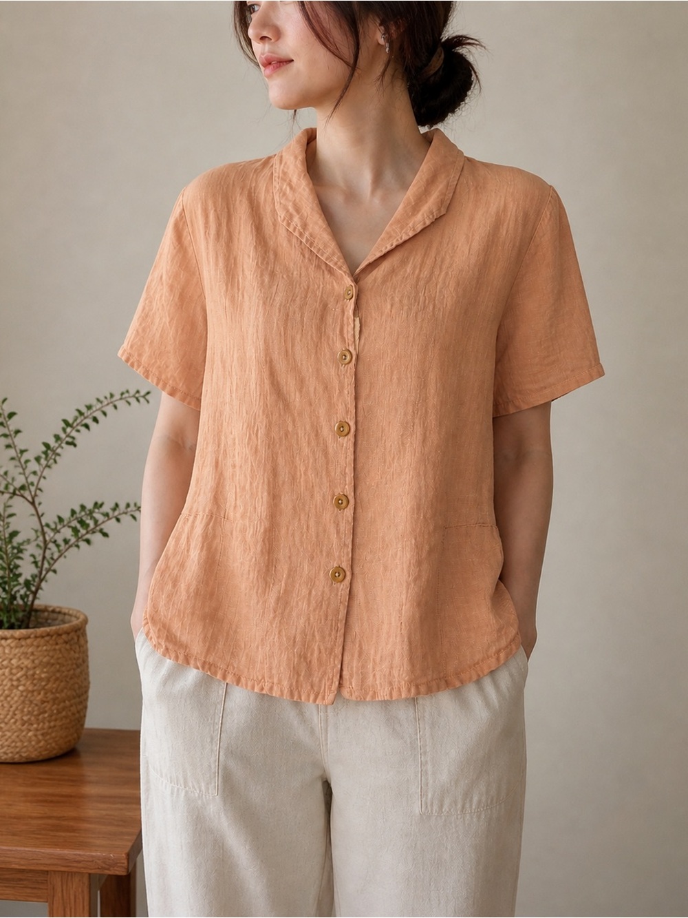 FLAX 100% Linen Button Front Blouse Medium Orange Honeydew Soft Relaxed Top